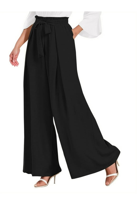 Womens Wide Leg Lounge Pants with Pockets High Waisted Adjustable Tie Knot Loose Casual Trousers Dress Work Pants