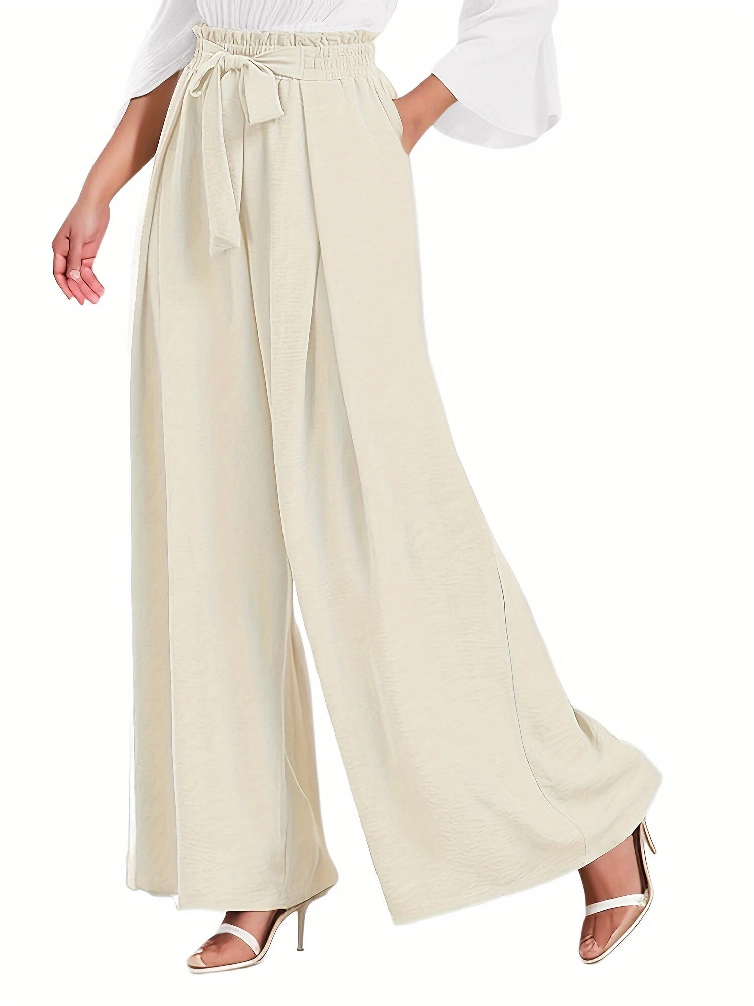 Womens Wide Leg Lounge Pants with Pockets High Waisted Adjustable Tie Knot Loose Casual Trousers Dress Work Pants