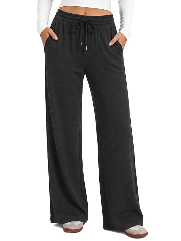 Womens Wide Leg Pants Casual Lounge Pull on Pant Soft Stretchy Trousers with Pockets for Daily Work Travel