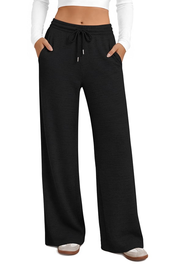 Womens Wide Leg Pants Casual Lounge Pull on Pant Soft Stretchy Trousers with Pockets for Daily Work Travel