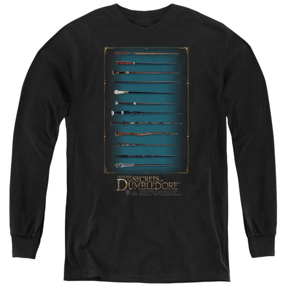 Fantastic Beasts The Secrets Of Dumbledore Wands Kids Long Sleeve T Shirt (Large) for Youth Boys and Girls, Black
