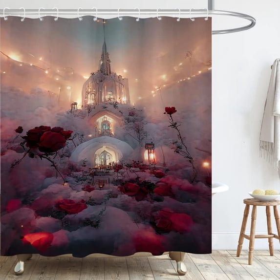 Fantastic Blooming Rose Floral Castle Shower Curtain Romantic Flower Fairyland Theme Fabric Shower Curtain Bathroom Decor Sets with Grommets and Hooks 72 x 72 Inch Red Gray