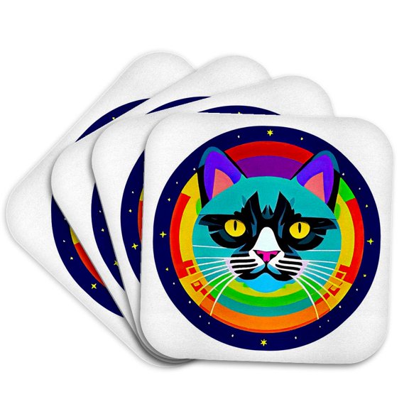 3drose, Fantastic Blue Cat Face in Space. Shining Sun and Stars Funny Gift, Set of 4 Coasters - Soft