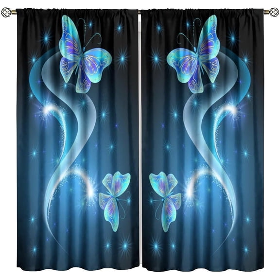 Fantastic Butterfly Curtains, Modern Dreamy Magical Abstract Glitter Blue Purple Moth Pattern Home Decor Window Treatments, Blackout Rod Pocket Drapes For Living Room Bedroom Kitchen Bathroom 42x54in