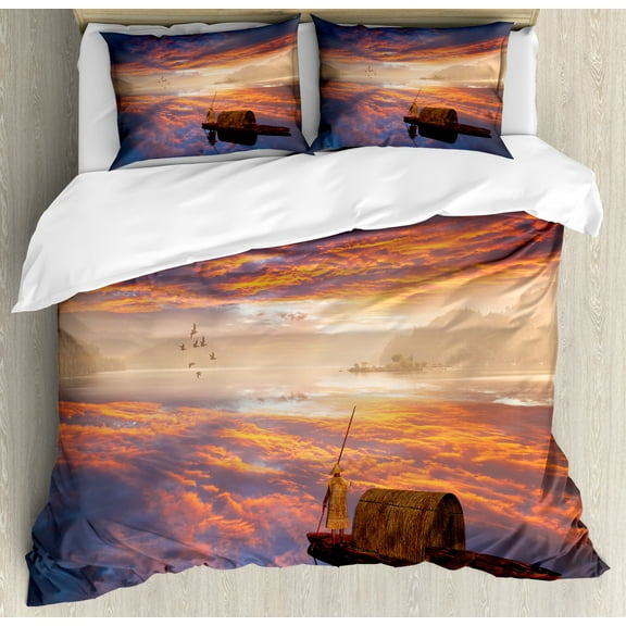 Fantastic Decor King Size Duvet Cover Set, Imaginary World Man Shipping on His Boat Rowing Fluffy Clouds Endless View Image, Decorative 3 Piece Bedding Set with 2 Pillow Shams, Multi, by Ambesonne