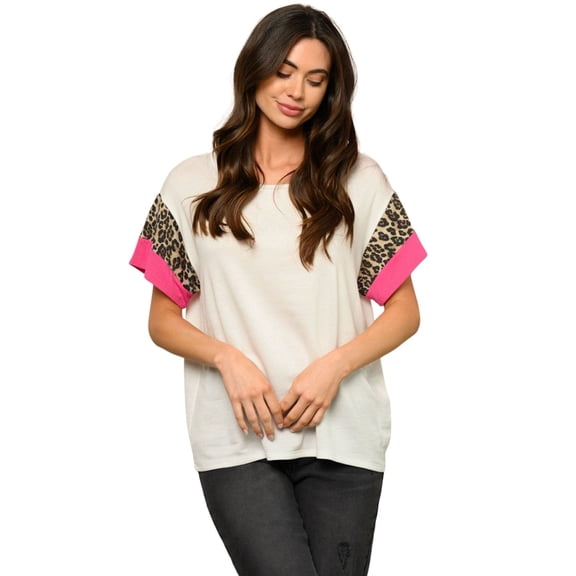 Fantastic Fawn Womens Color Block Animal Print Short Sleeve Round Neck Top,White (Medium)