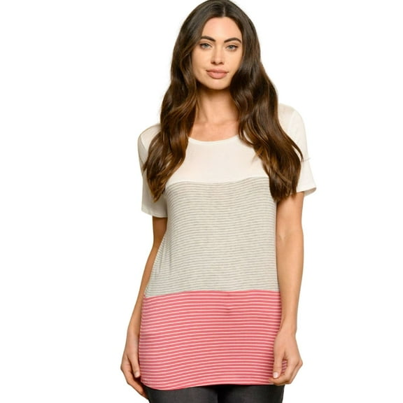Fantastic Fawn Womens Color Block Stripe Short Sleeve Round Neck Top (Medium, Ivory Red)