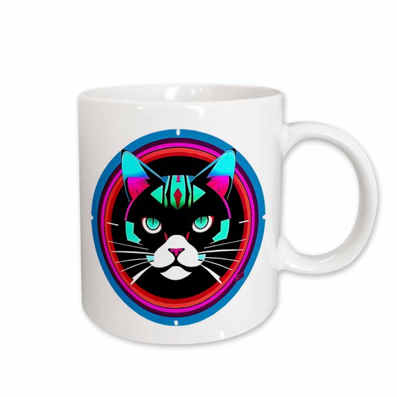 3drose, Fantastic Magical Cat Inside the Round Frame. Turquoise, Red Colors, 15oz Mug