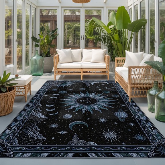 Fantastic Midnight 6'x9' Rugs for Dining Room Table Chair Setup, Mythical Bohemian Black Sun Moon Stars Mountain Soft Sturdy Washable Non Slip Rectangle Area Rug for Living Room