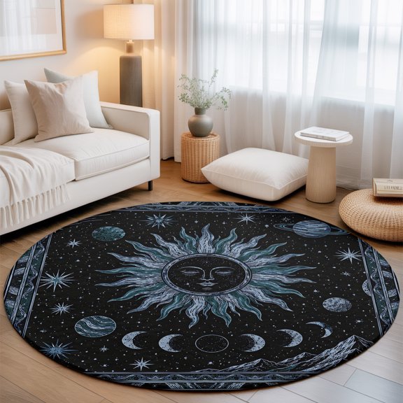 Fantastic Midnight 8' Round Rugs for Open Concept Living Room Seating Zone, Mythical Bohemian Black Sun Moon Stars Mountain Washable Non Slip Mats Large Circle Lounge Area Area Rug