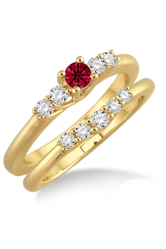 Fantastic Mind Blowing Moissanite Diamond 1.5 Carat Red Ruby Affordable Bridal Set on 10k Yellow Gold