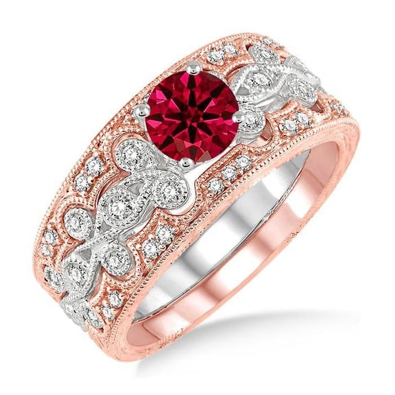 Fantastic Mind Blowing Moissanite Diamond 2.75 Carat Red Ruby Round Cut Vintage Look Trio Bridal Set Engagement Ring on 10k White Gold