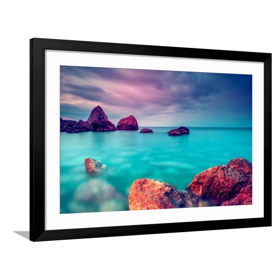 Art.com Fantastic Morning Blue Sea Glowing by Sunlight. Dramatic Scene. Black Sea, Crimea, Ukraine, Europe. Photographic Print by Leonid Tit, Black Frame Wall Art, 44" x 32"