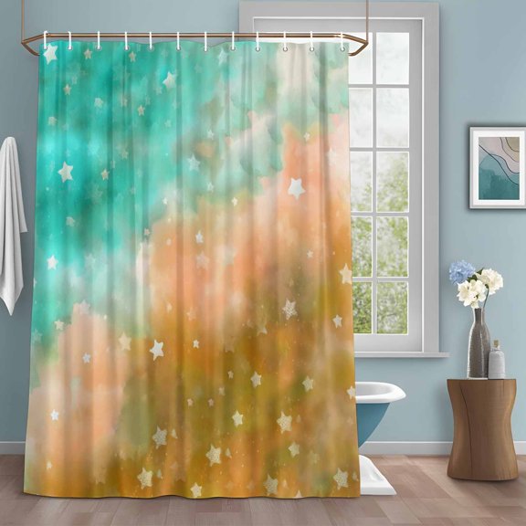 Fantastic Star Shower Curtain with Hooks, Dreamy Watercolor Teal Orange Starry Sky Water Repellent Shower Curtains for Bathroom Decor Sturdy Shower Curtain, Machine Washable 48x72 Inch
