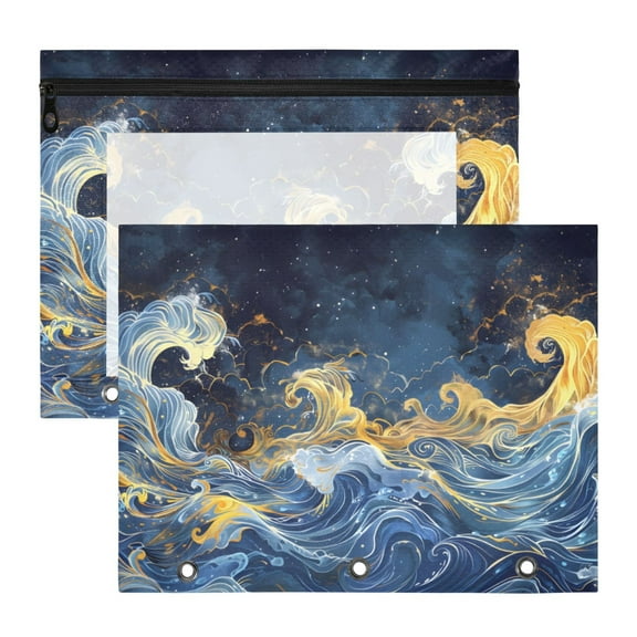 Fantastic Wave 3-Ring Binder Pouches A4 Size Zipper Pocket File Storage 2 Packs