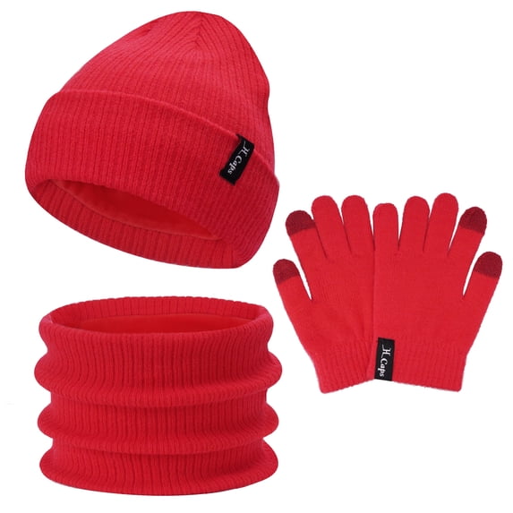 FZ FANTASTIC ZONE Baby Kids Winter Hats Beanie Warm Scarfs Touchscreen Gloves Knit Fleece Neck Warmer Gifts for 4 5 6 7 8 Year Old Girls Boys, Red