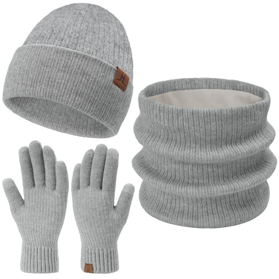 FZ FANTASTIC ZONE Womens Mens Winter Beanie Hats Neck Scarfs Touchscreen Gloves Set Warm Knit Slouchy Skull Caps Gifts for Women & Men Lightgrey