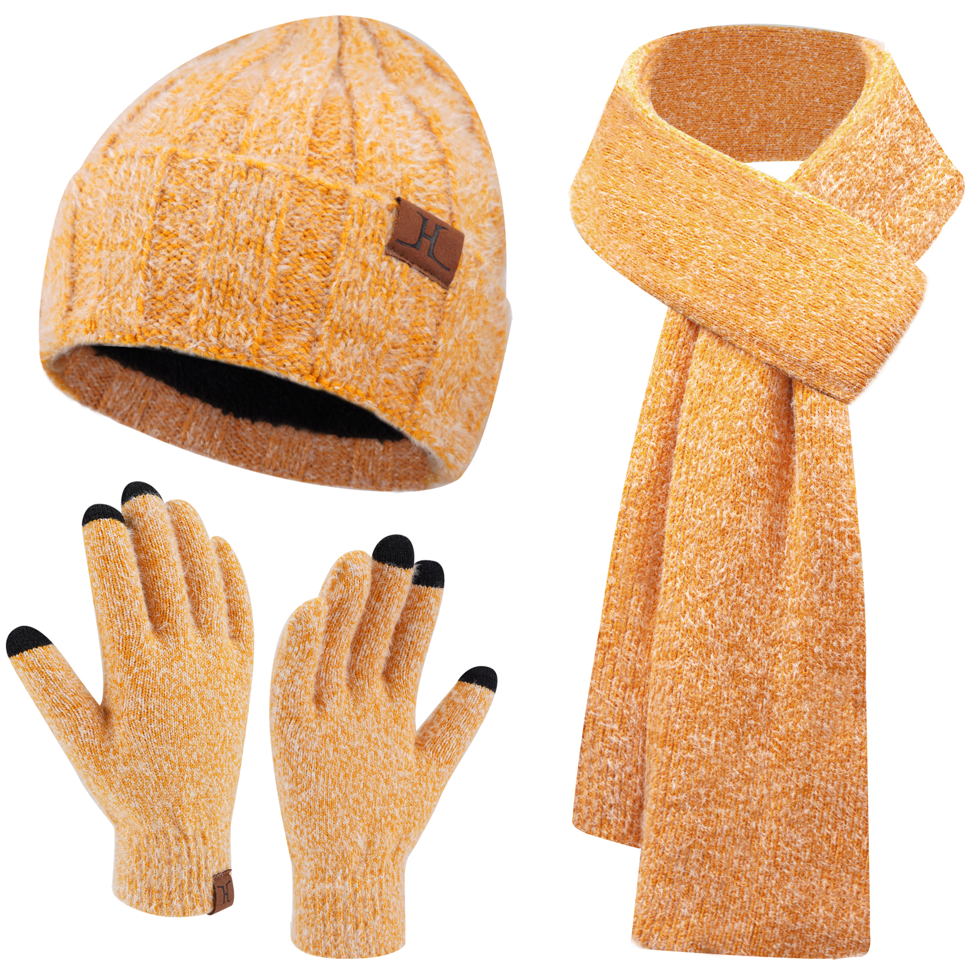 Women's Winter Hats Beanie, Touchscreen Gloves & Long Scarf Set – Knit, Fleece-Lined, With Pom Pom
