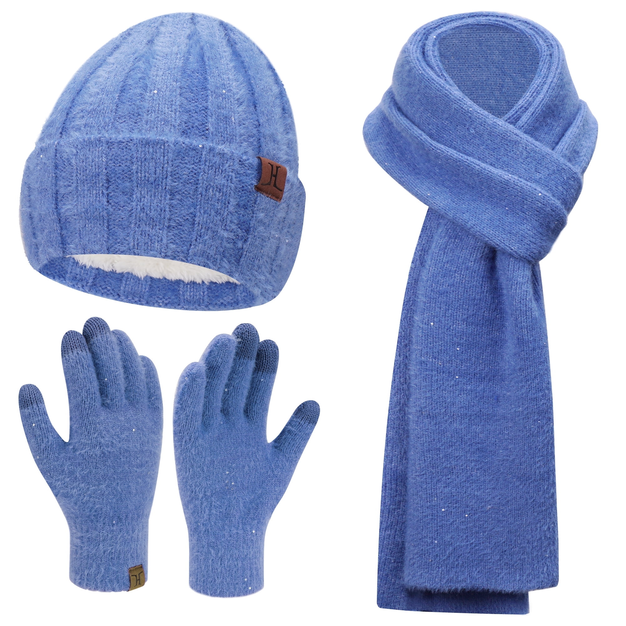 Women's Winter Hat, Touchscreen Gloves & Scarf Set - Knit Beanie With Pom Pom