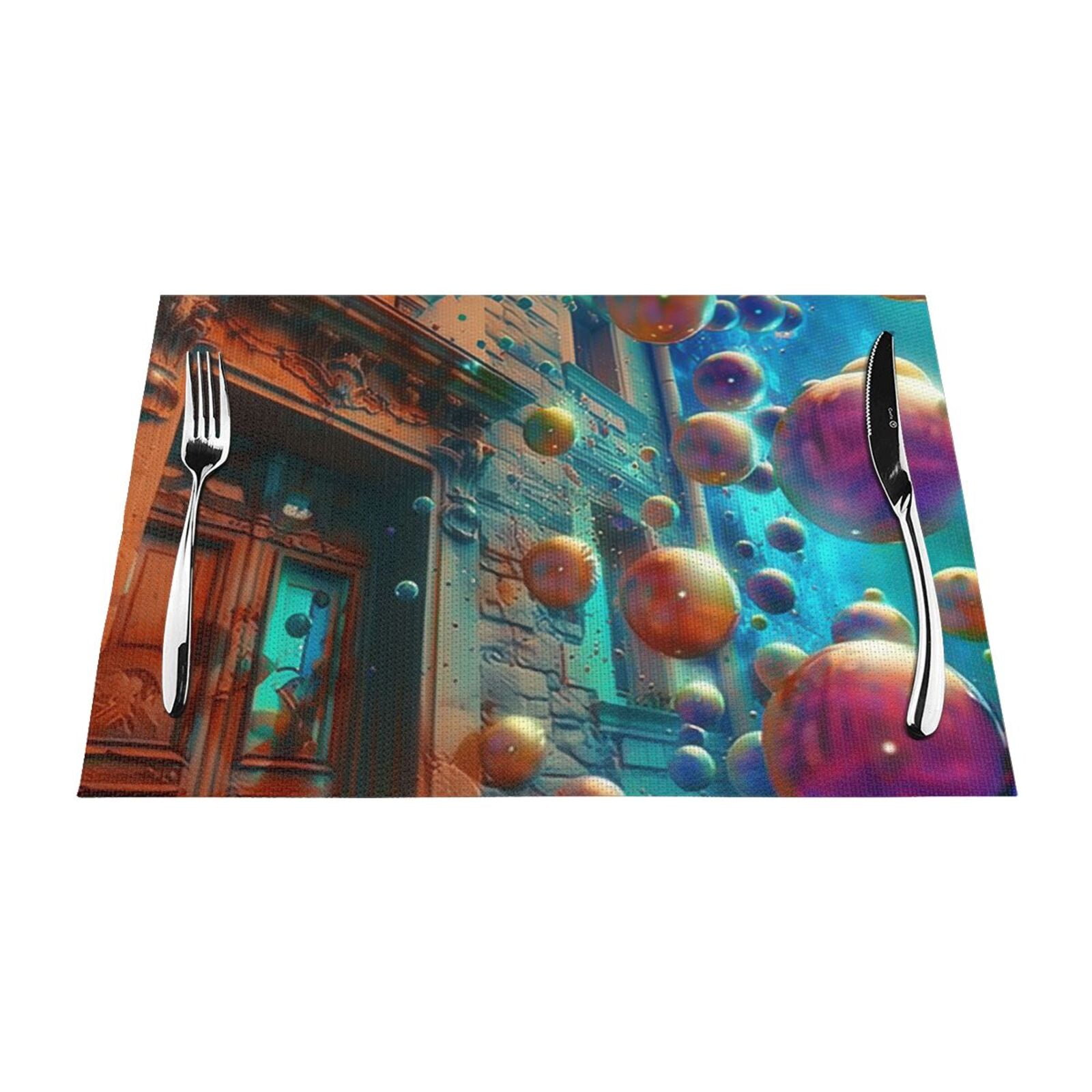 Fantastical 3 spheres floating around building Dining mat, washable