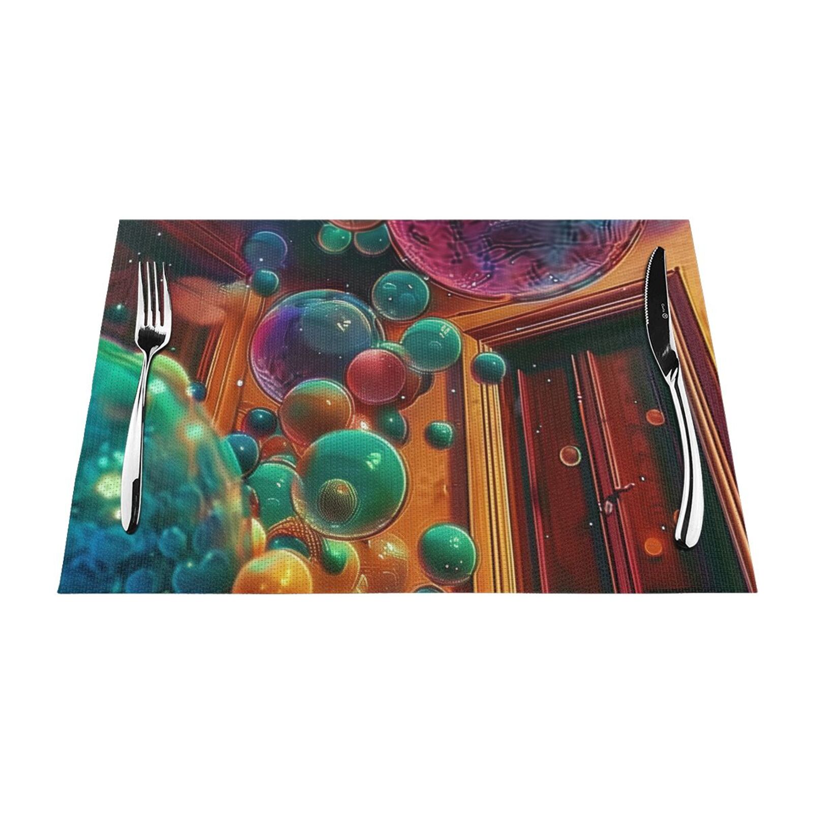 Fantastical 3 spheres floating around building Dining mat, washable