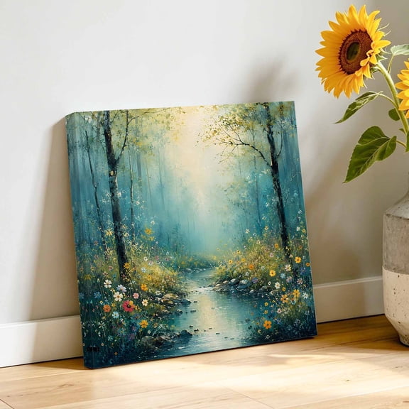 Fantastical Forest Canvas Wall Art, Mysterious Country Green Trees Red Blue Flowers Pictures Wall Decor Wooden Framed Artwork Art Prints for Living Room Hallway Bedroom Office 8"x8"