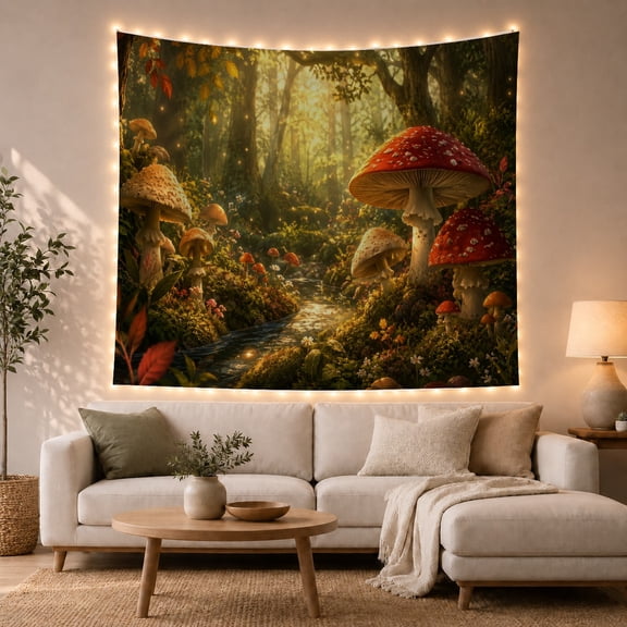 Fantastical Red Mushrooms in a Golden Forest with Moss, Dreamy Fantasy for Nature Lovers, Enchanted Woodland Art Print, Housewarming Gift Tapestry Wall Hanging for Bedroom and Living Room