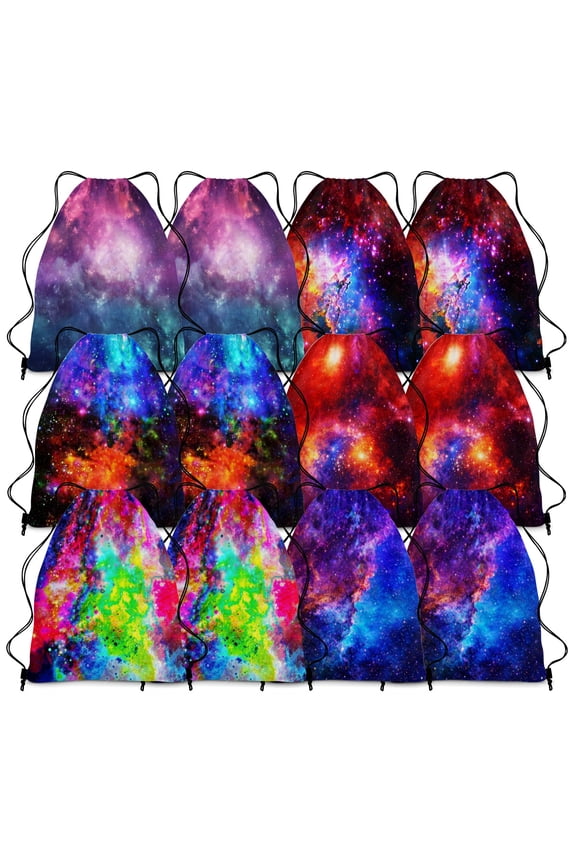 Fantastical Space Starry Night Sky Pattern 12pcs Drawstring Backpack bulk 210D cinch bag for Men Women Travel party even
