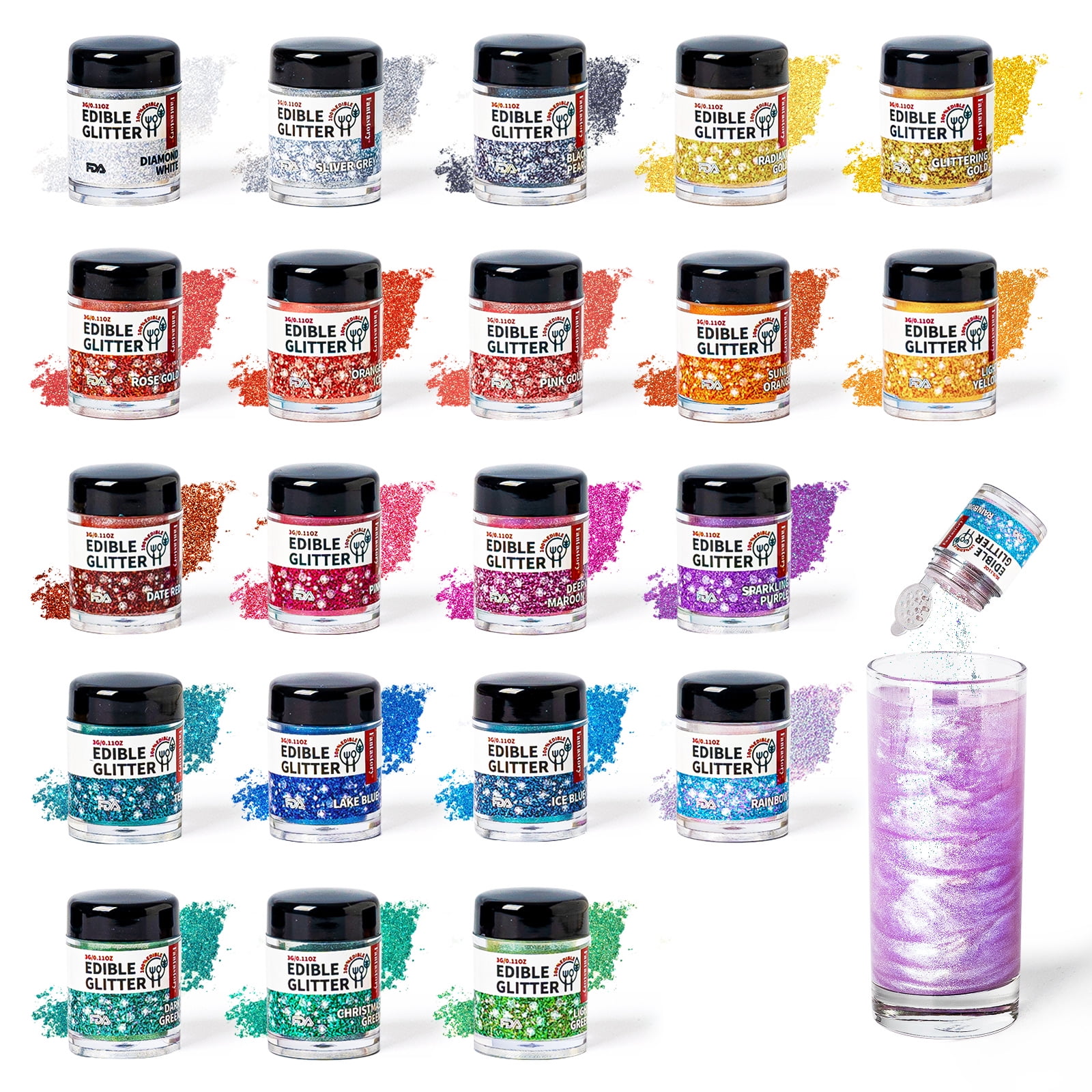 Fantastory 21-Color Edible Glitter Set, 3g Each - Luster Dust for Baking and Decorating