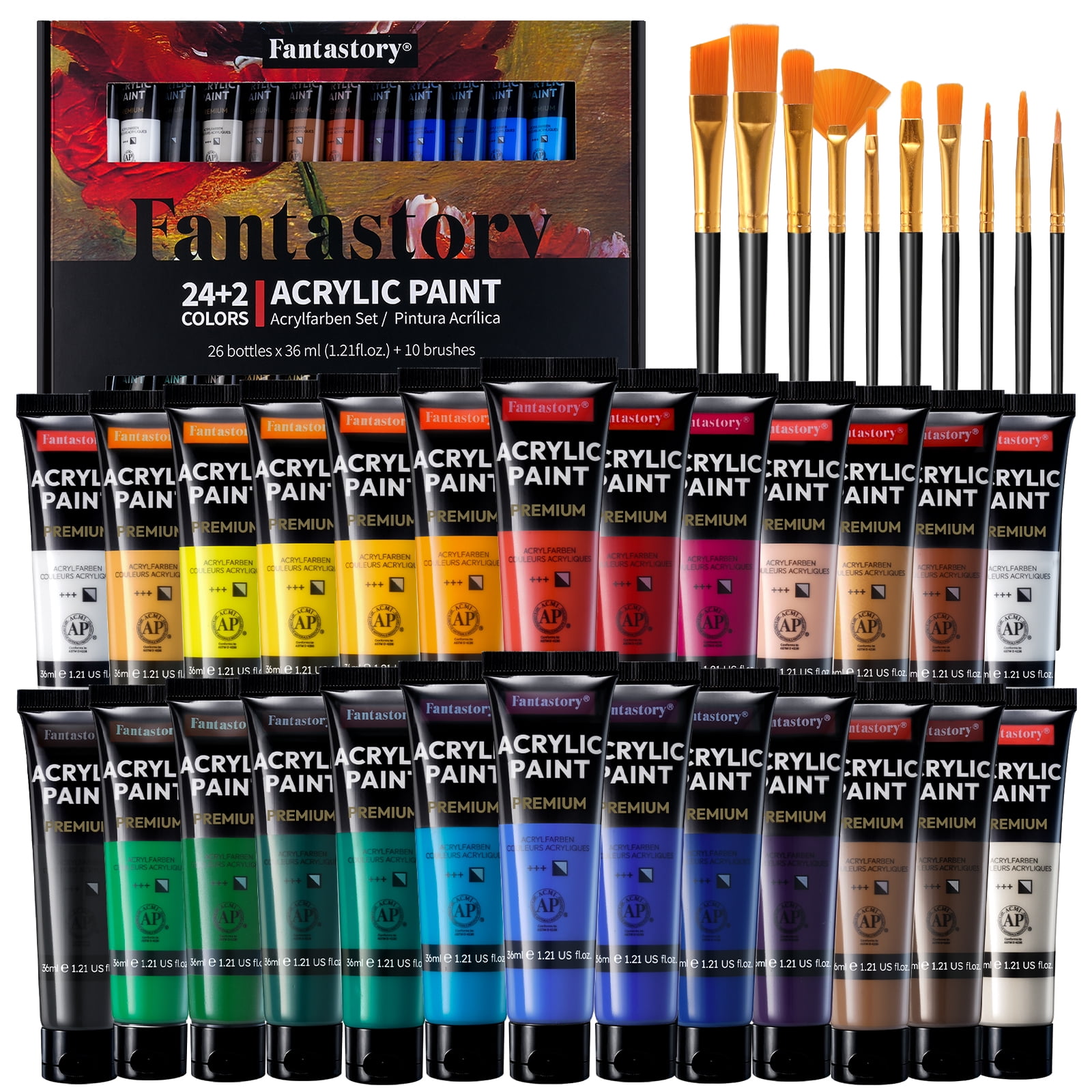 Fantastory Acrylic Paint Set, High Pigment, Quick Dry, Waterproof, 24 Colors with Metallic and White