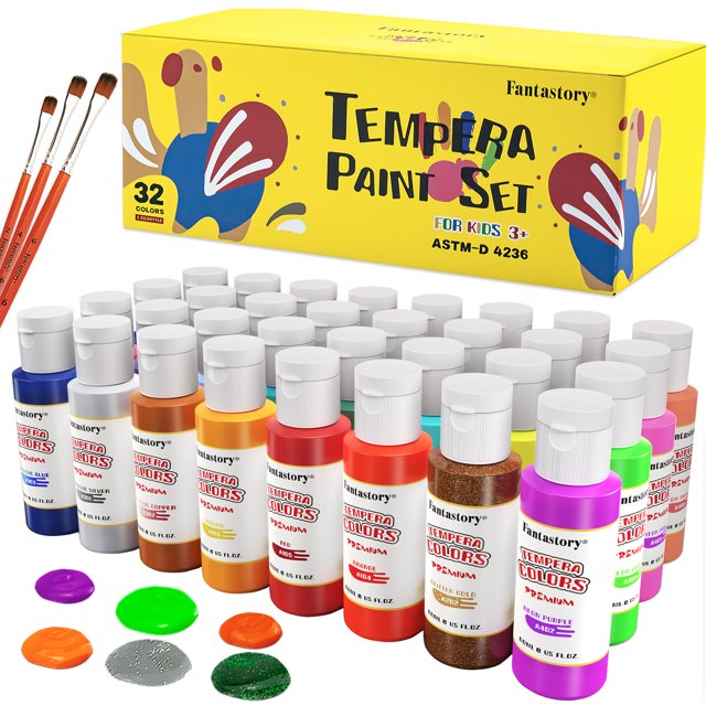 Fantastory 32 Color Kids Washable Tempera Paint Set, Safe & NonToxic Paint Kit for Arts, Crafts