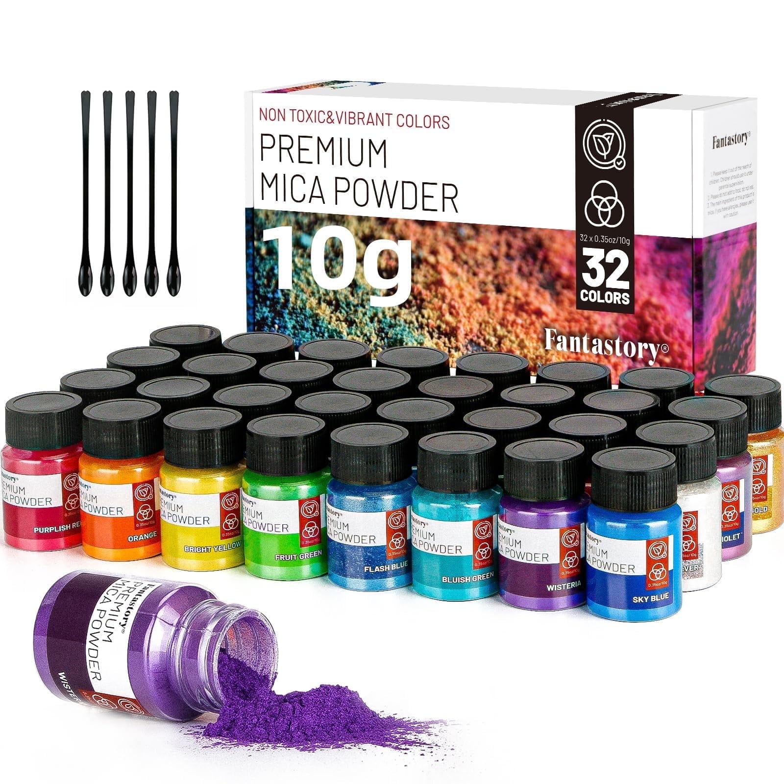 Fantastory Mica Powder for Epoxy Resin, 32 Colors Premium Pearlescent Pigment Art Set, 0.35oz/10g