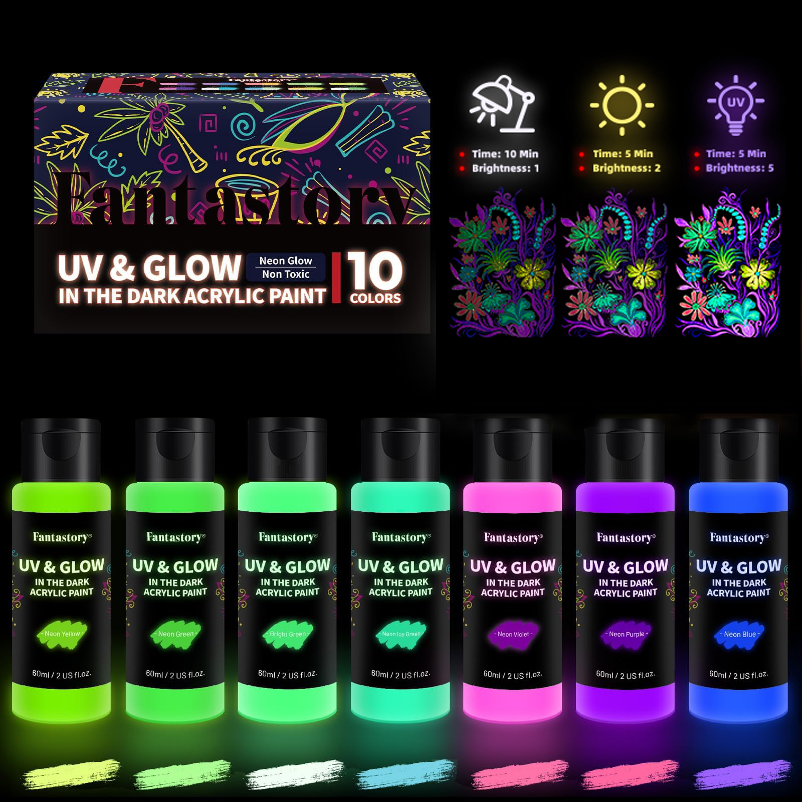Fantastory 60ml/2oz Neon Glow Acrylic Paints, Glow in The Dark Paint for  Christmas,Outdoor Rocks, Holiday Decor 