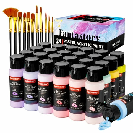 Fantastory Acrylic Paint Set, 24 Pastel Colors Acrylic Craft Paints Kit, 12 Brushes, 2oz