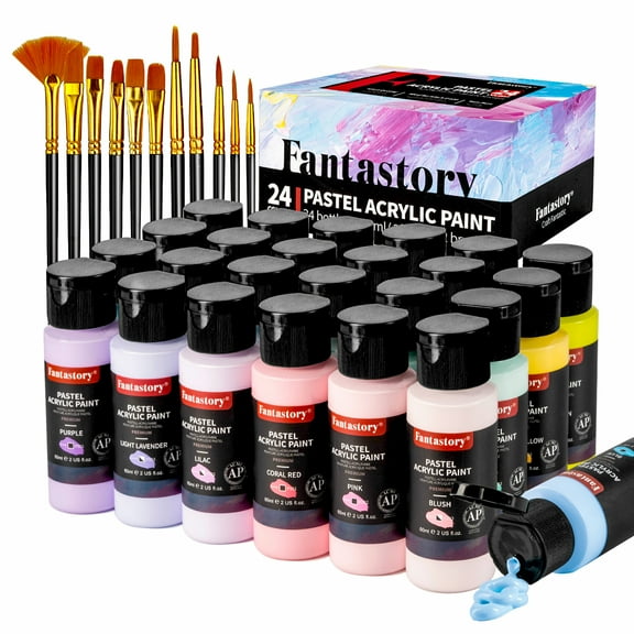 Fantastory Acrylic Paint Set, 24 Pastel Colors Acrylic Craft Paints Kit, 12 Brushes, 2oz