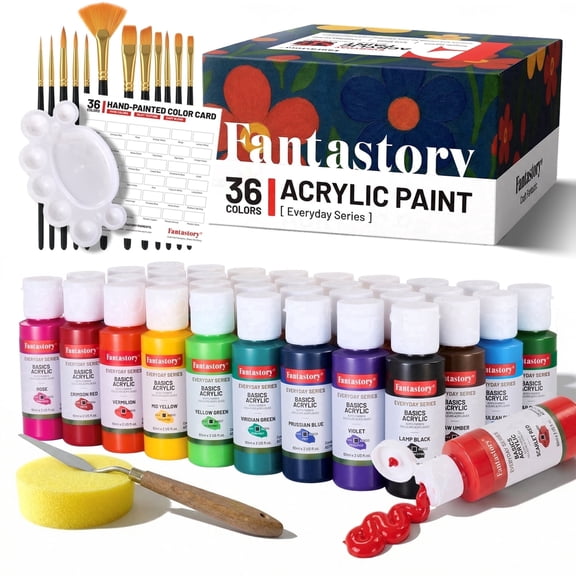 Fantastory 52Pack Acrylic Paint Set, 36 Colors Multi-Surface Craft Paint with 12 Brushes, Palette, Sponge, Color Card