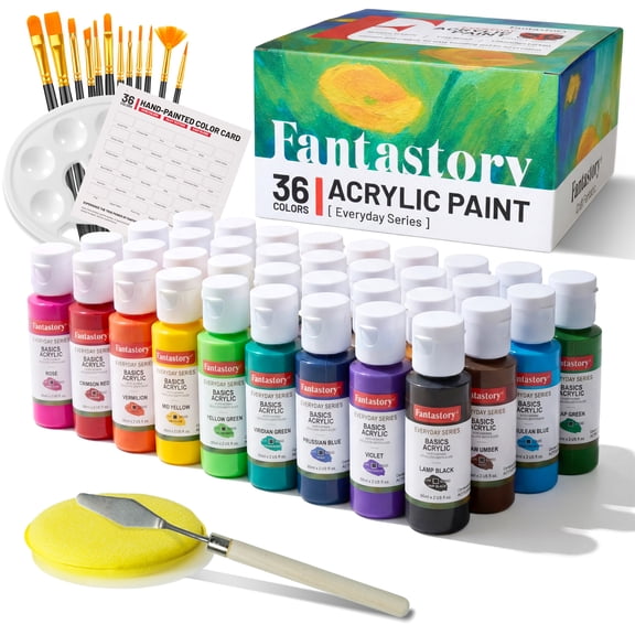 Fantastory 52Pack Acrylic Paint Set, 36 Colors Multi-Surface Craft Paint with 12 Brushes, Palette, Sponge, Color Card