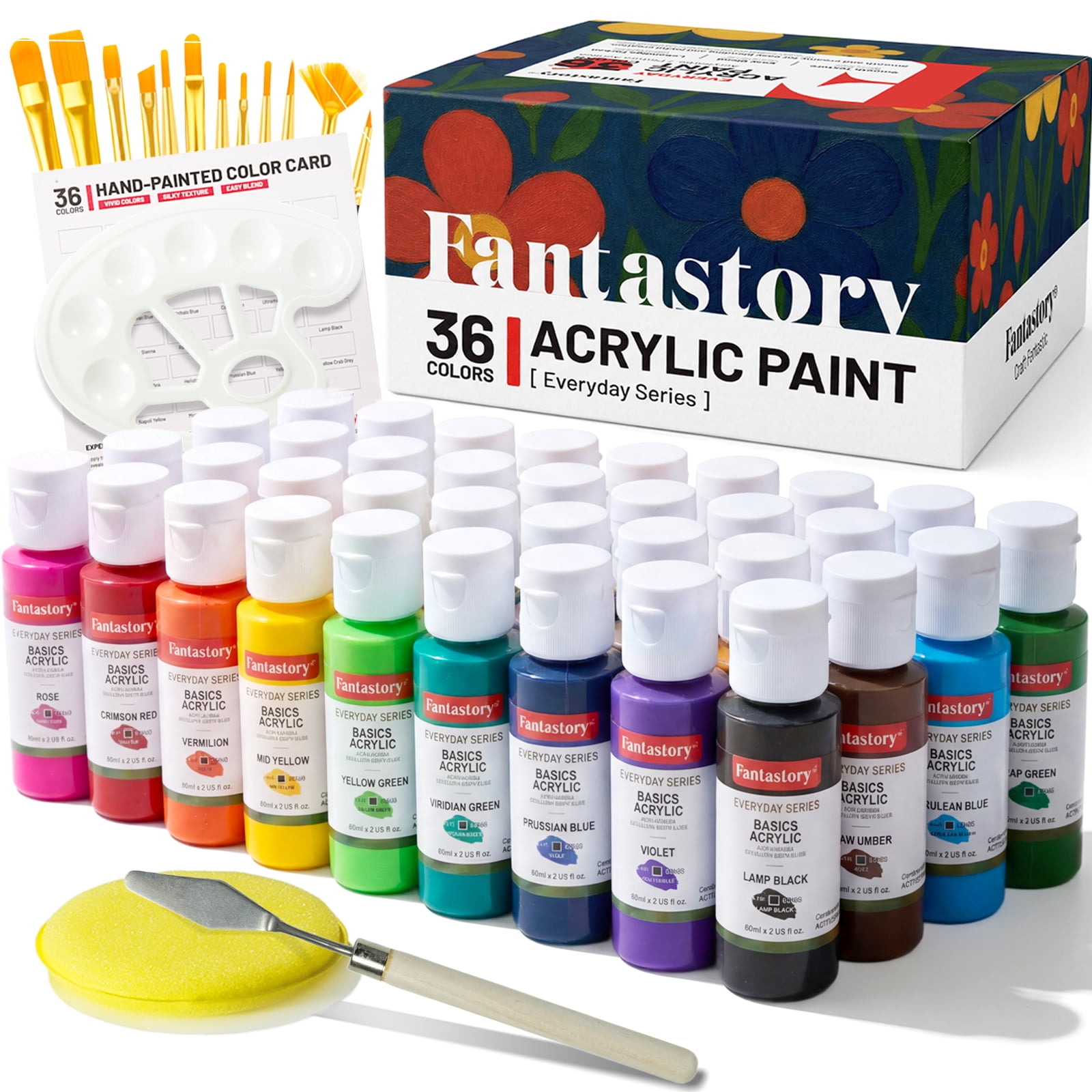Fantastory 52Pack Acrylic Paint Set, 36 Colors Multi-Surface Craft Paint with 12 Brushes, Palette, Sponge, Color Card
