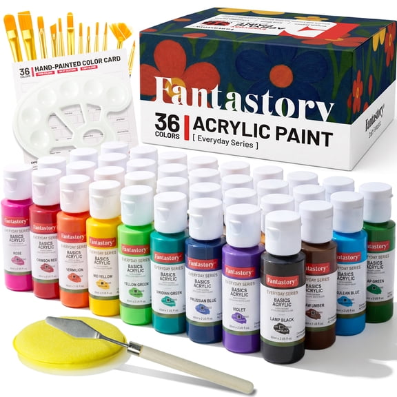 Fantastory 52Pack Acrylic Paint Set, 36 Colors Multi-Surface Craft Paint with 12 Brushes, Palette, Sponge, Color Card