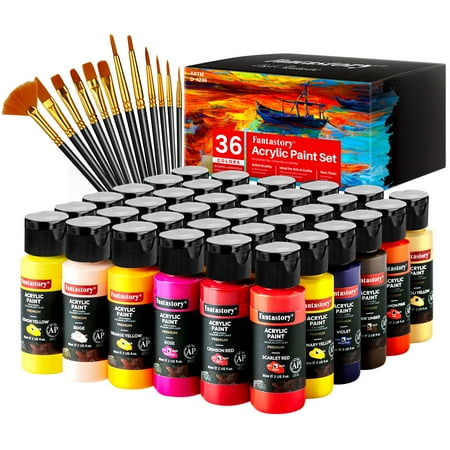 Fantastory Acrylic Paint Set 36 Colors(2oz/60ml) w/ 12 Brushes, Pro Craft Thick Paint Kits
