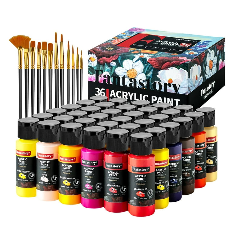 Acrylic Paint Set of 36 Colors 2fl oz 60ml Bottles with 12 Brushes