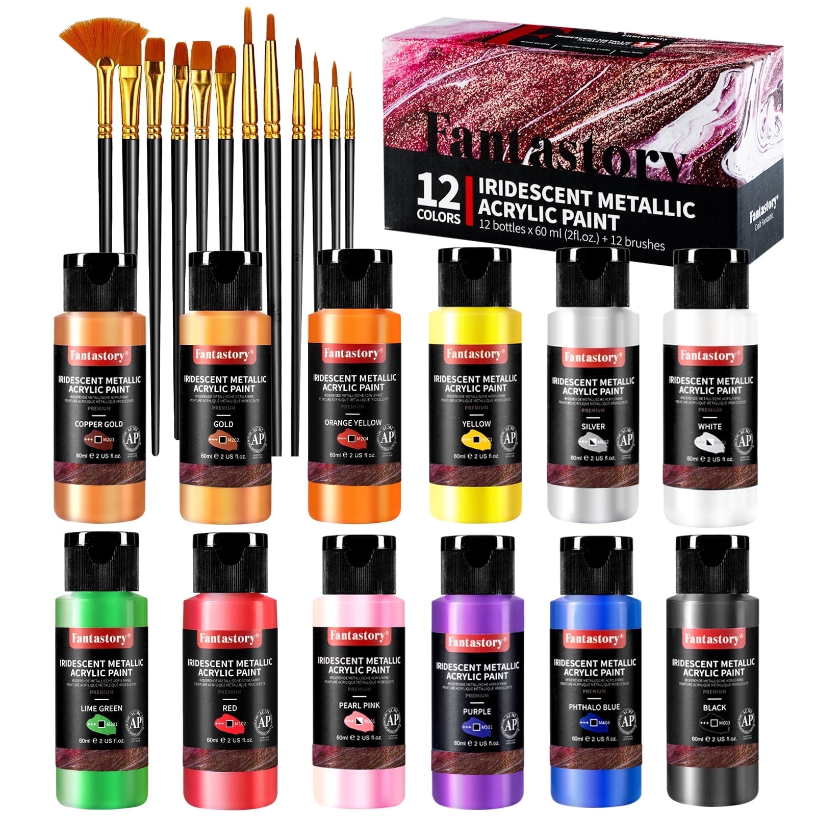 Fantastory Metallic Iridescent Acrylic Paint Set with 12 Brushes, 12 x 2oz Craft Paint Kit