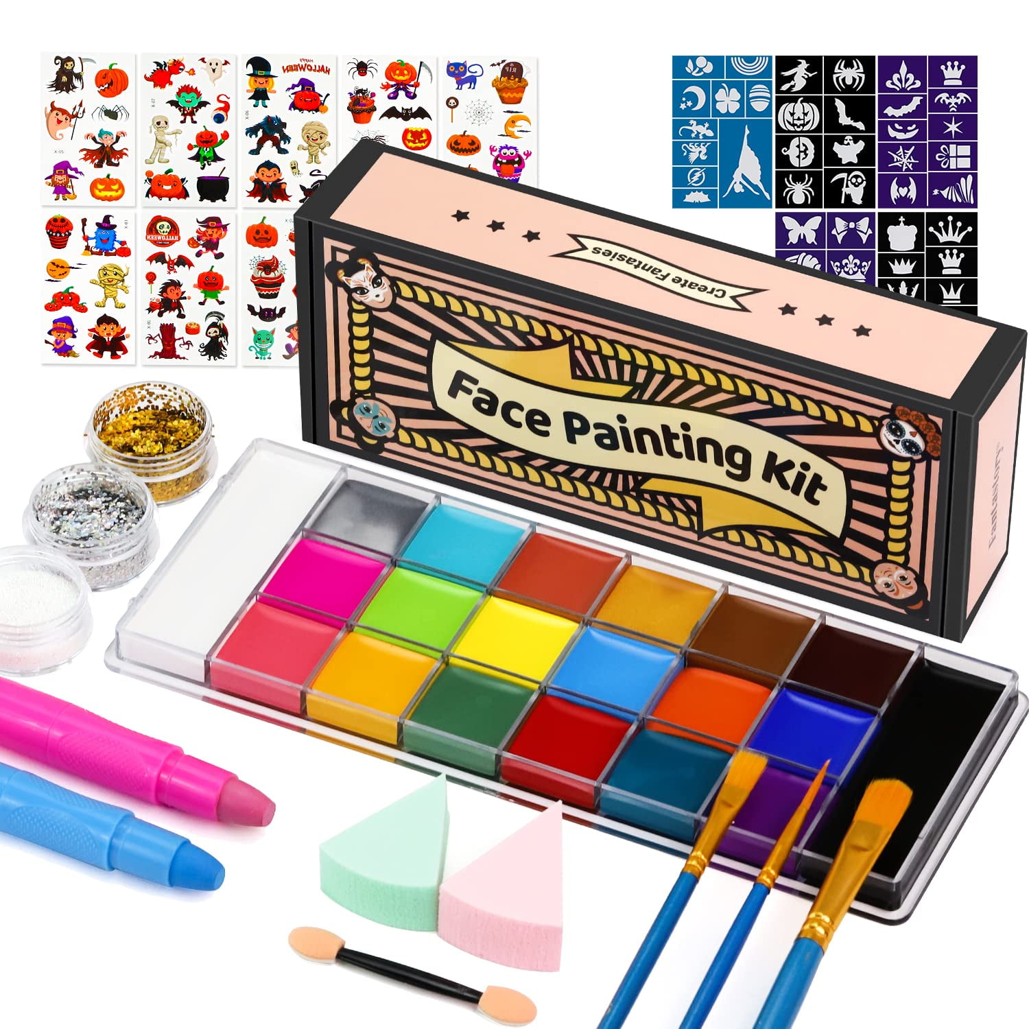 ADIS&GUYS Art Supply Face Painting Kit for Kids Party - 20 Water Based Non-Toxic Sensitive Skin Paints 3 Glitters 2 Hair Chalks Combs 3 Paint Brushes