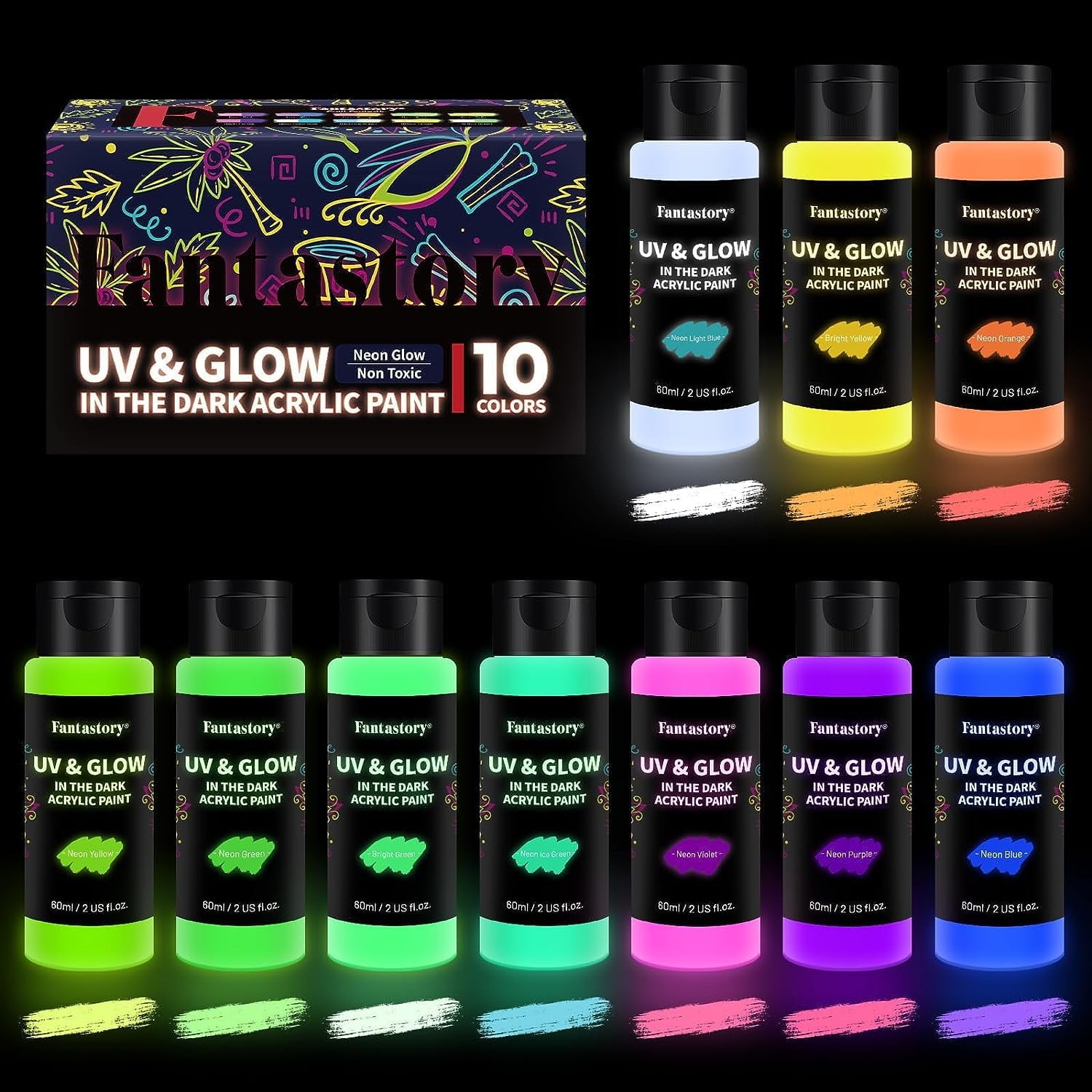 Fantastory Glow in the Dark Paint Set, 10 Neon Colors, oz