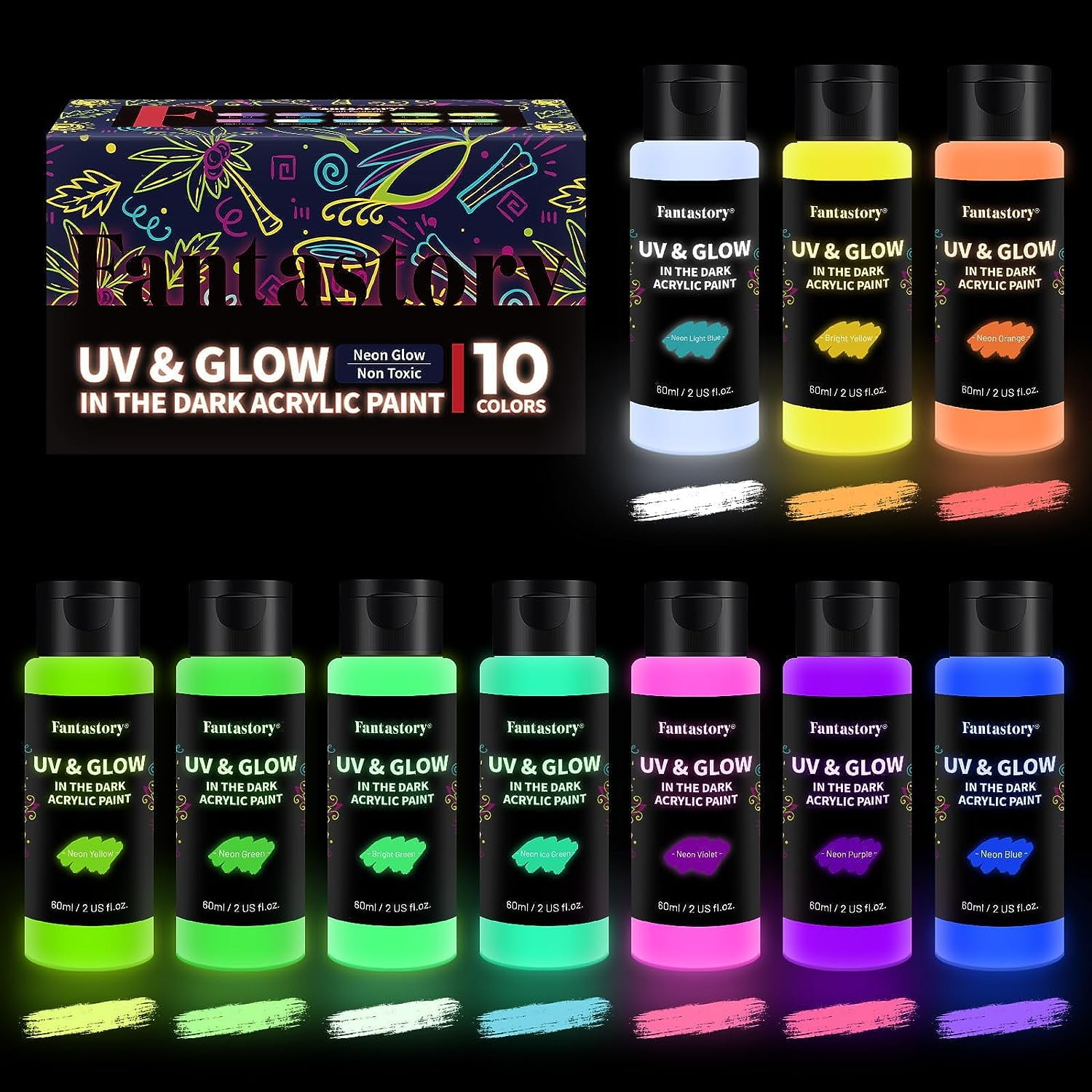 Fantastory Glow in The Dark Paint ,10 Extra Bright Colors 60 ml / 2 oz Glow  in Dark Paint 