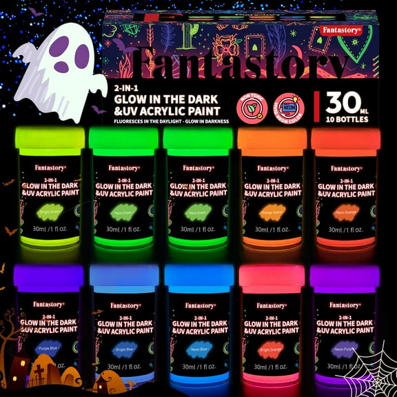 Fantastory Glow in the Dark Acrylic Paint Set, 10 Colors, 1 oz Bottles, Blacklight Craft Paint for Multi-Surface