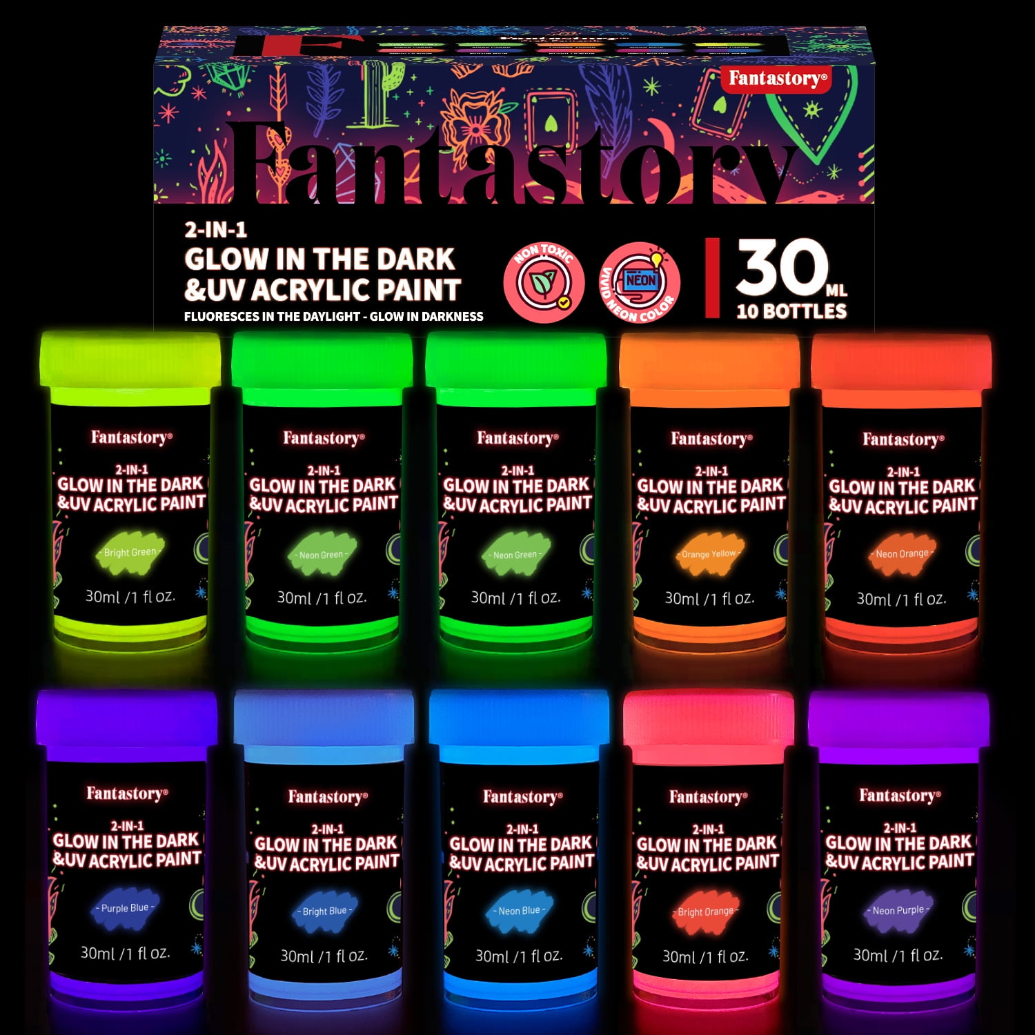 Fantastory Glow in the Dark Paint, Blacklight Acrylic Craft Paint Set,1oz/10 Piece