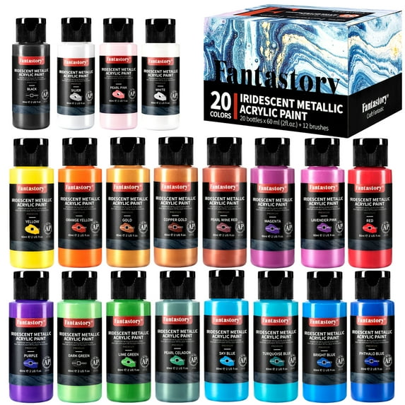 Fantastory Acrylic Paint Set, 20 Metallic Colors, 2 oz, 12 Brushes