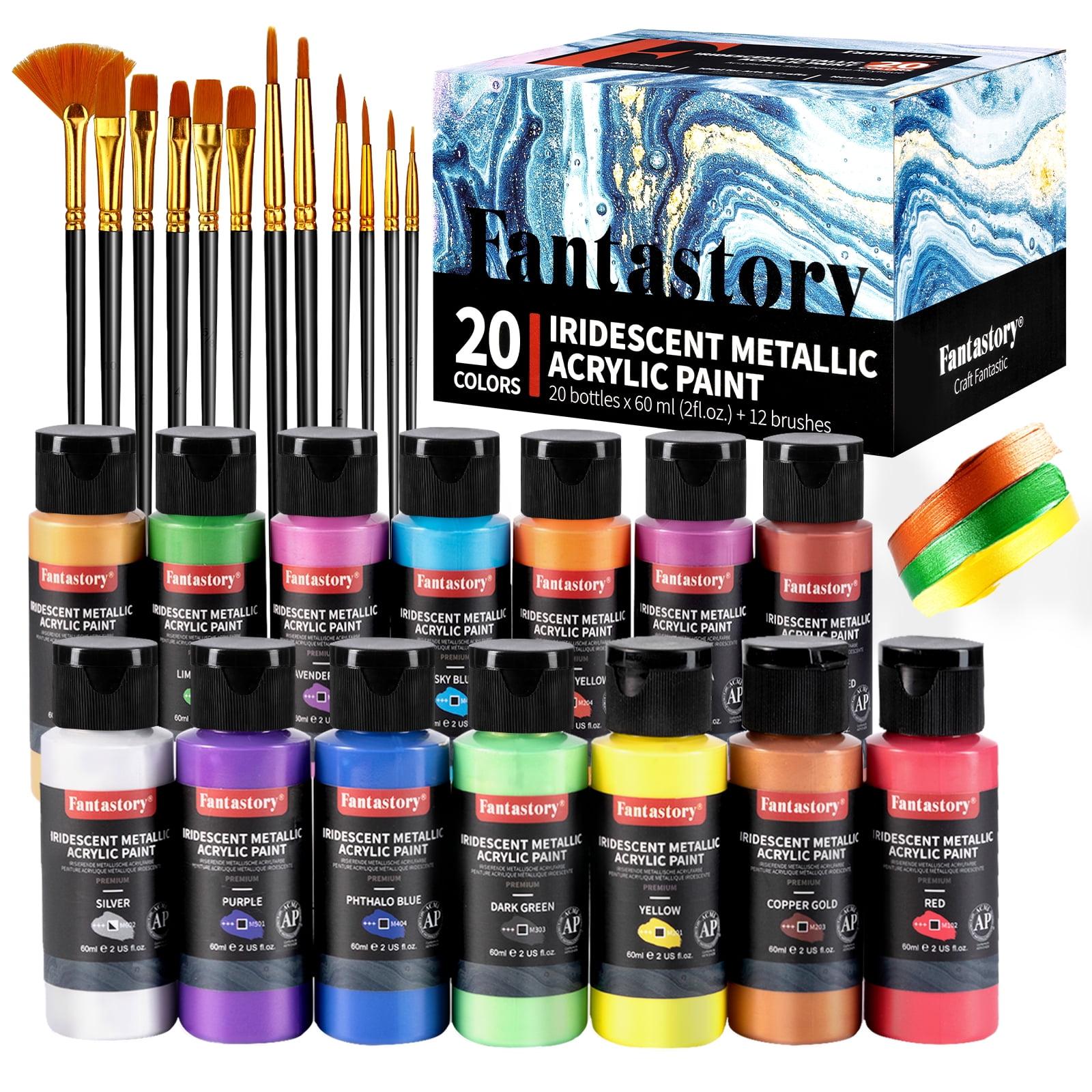 Fantastory Metallic Acrylic Paint Set, 20-Color Acrylic Craft Paint with 12 Brushes