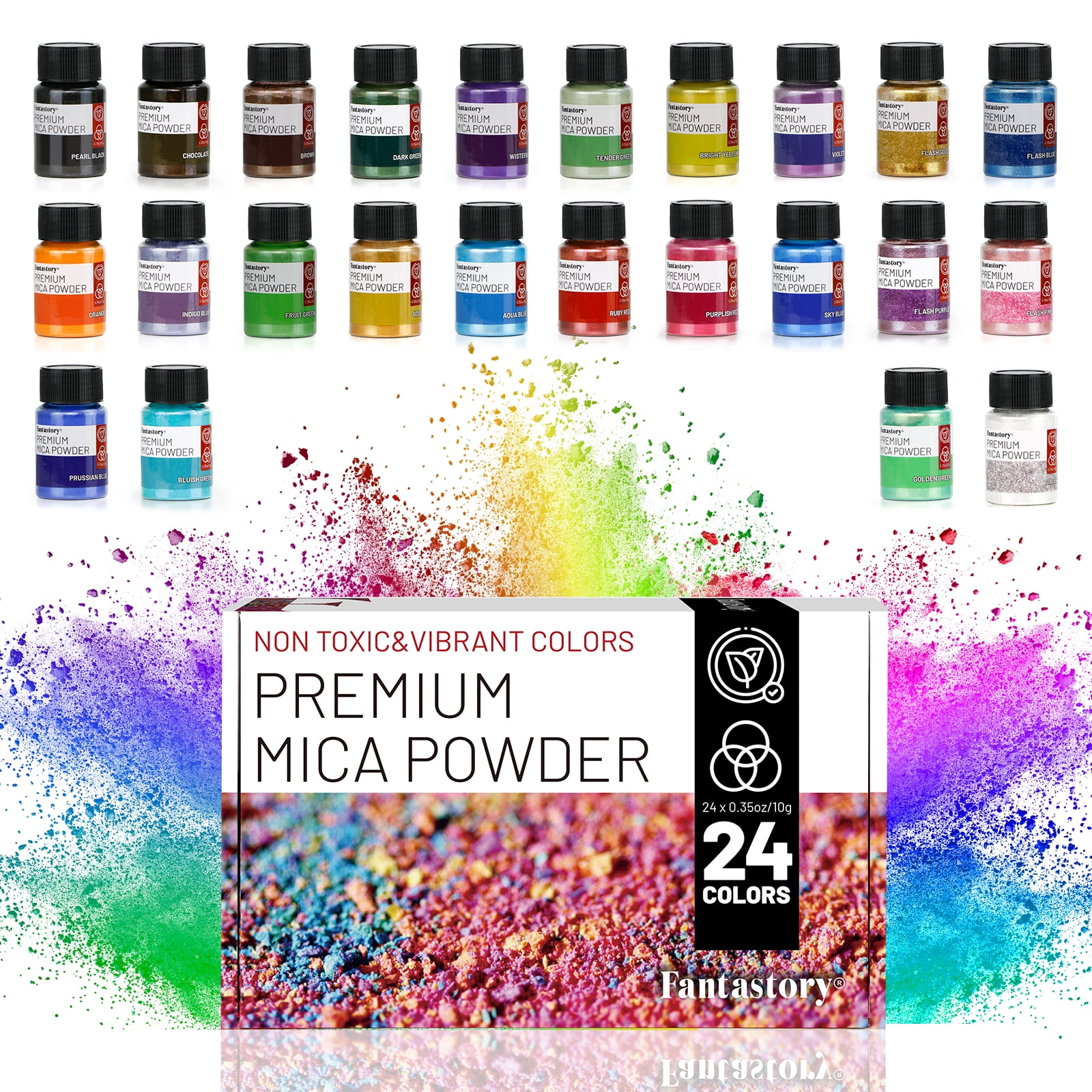 Fantastory Mica Powder for Epoxy Resin, (0.35oz/10g) 24 Colors Pigment Powder with 5 Spoons